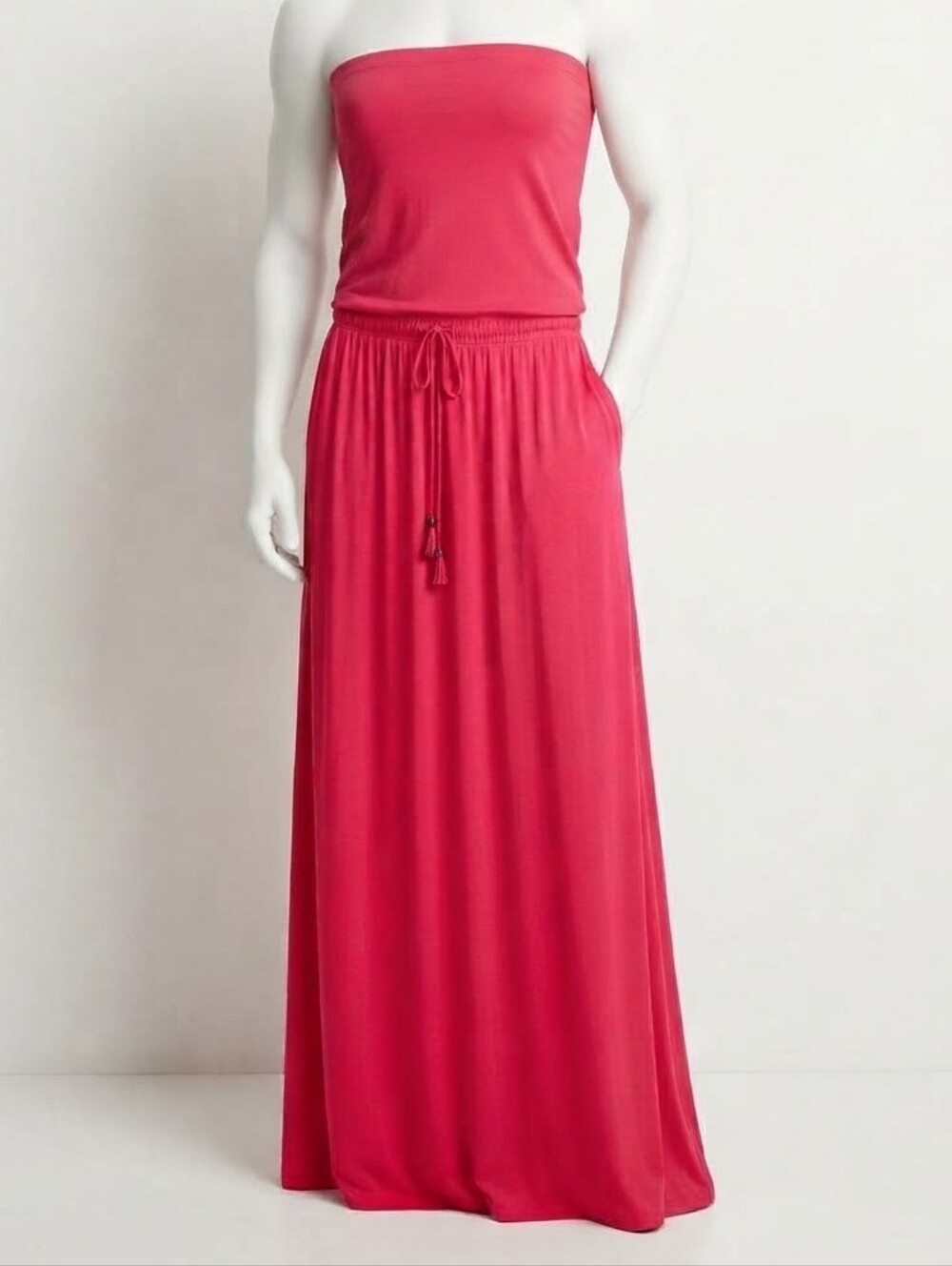 Elan Hot Pink Strapless Maxi Dress Drawstring Waist Sz M